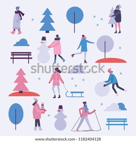 Vector illustration in flat design of winter season background with people outdoor in the minimalistic flat design