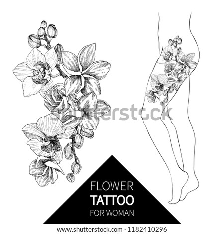 Hand drawn black outline bouquet with orchid and plumeria on a white background isolated. Highly detailed vector illustration. Beautiful exotic flower. Elegant woman tattoo