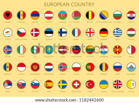 Round buttons with all official national flags of the European countries with official colors in alphabetical order. Colorful icons. Vector Illustration.