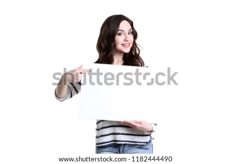 Beautiful young woman holding white blank board