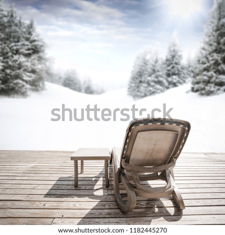 Winter landscape and chair on terrace. Free space for your decoration. 
