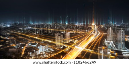 Communication network and traffic light on highway .Concept of smart city network, internet communication and digital traffic management system . Royalty-Free Stock Photo #1182466249