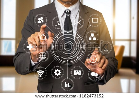 Digital marketing media  in virtual globe shape diagram.success businessman open his hand,working touch screen computer,front view 