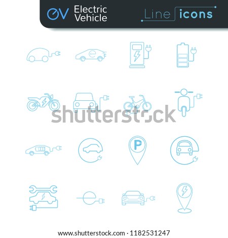 Electric car and vehicle blue line vector icon set for EV pictogram concept easy to edit stroke and color