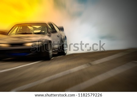 Fast speed car driver drifting drag racing car burns rubber