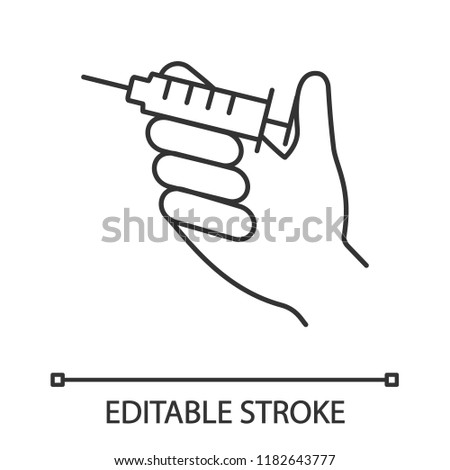 Injection linear icon. Hand holding syringe. Thin line illustration. Doctor's hand. Neurotoxin injection. Vaccination. Treatment. Contour symbol. Vector isolated outline drawing. Editable stroke