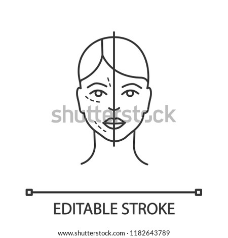 Before and after neurotoxin injection linear icon. Cosmetic procedure. Thin line illustration. Facial rejuvenation. Aesthetic medicine. Contour symbol. Vector isolated outline drawing. Editable stroke Royalty-Free Stock Photo #1182643789