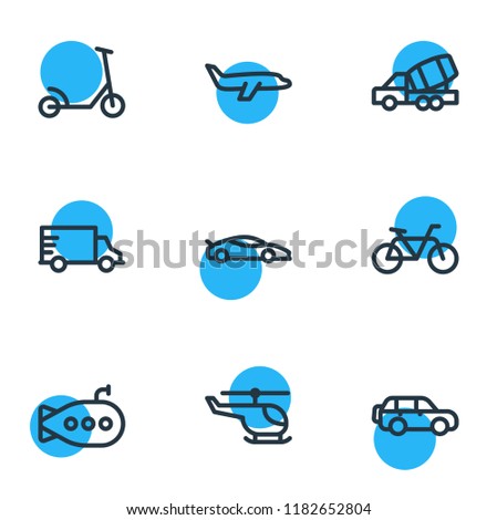 Vector illustration of 9 transit icons line style. Editable set of helicopter, plane, suv and other icon elements.