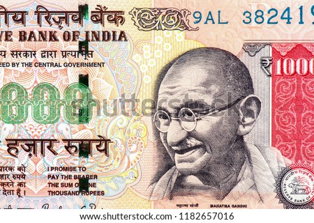 Mahatma Gandhi, Portrait from India 1000 Rupee is the national currency of India. Close Up UNC Uncirculated - Collection.
 Royalty-Free Stock Photo #1182657016