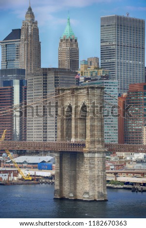 Aerial view of Manhattan Skyline and Brooklyn Bridge from Manhattan Bridge, New York City