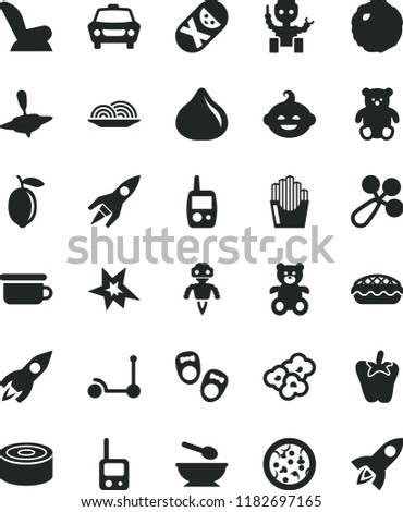 solid black flat icon set baby rattle vector, car child seat, tumbler, toy phone, mobile, deep plate with a spoon, children's potty, teddy bear, small, funny hairdo, yule, Kick scooter, canned goods