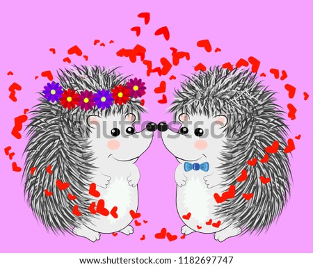 Invitation card with cute cartoon Hedgehogs in love with Heart Shaped Balloons. Happy Valentine's day. Vector illustration.