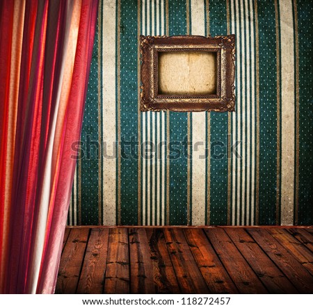 Retro room with frame on wall and curtain