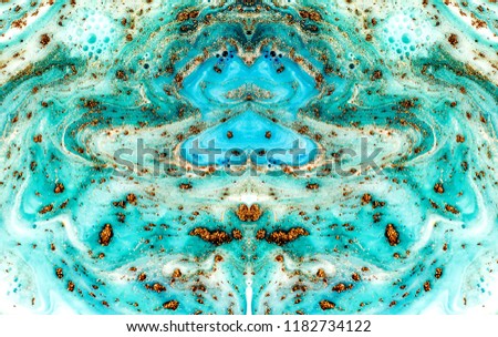Seamless pattern. Cyan blue color with golden powder. Luxury marbling in Eastern style. Style incorporates the swirls of marble or the ripples of agate for a luxe effect. Artwork. Natural Pattern.  