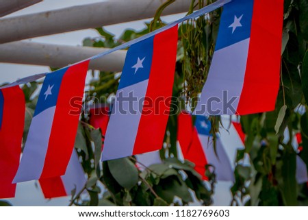Outdoor view of Chilean flag pennants hanging from a rope