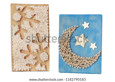 Stringed art. Handmade board. Two boards. Moon and stars and snowflakes