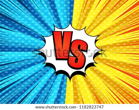 Comic versus bursting template with blue and yellow sides bright red VS wording dotted radial rays humor effects. Vector illustration