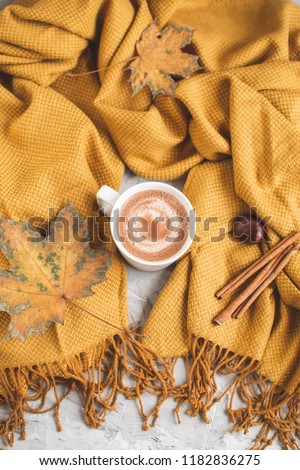 White Cup of Hot Chocolate, Yellow Plaid, Leaves, Gray Background, Autumn Concept, Cosiness, Instagram Style