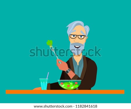 elderly man eating. He is sitting Eat fish steak on the table, apple and glass. Healthy food concept for the elderly. Vector illustration isolated white background.