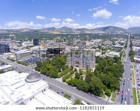 Aerial view of Salt Lake City and County Building in Salt Lake City, Utah, USA. This building was built in 1894 with Richardsonian Romanesque style. Now it is served as the city hall of Salt Lake City