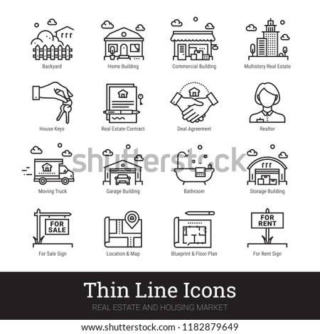 Real estate, city & homes thin line icons. Modern linear logo concept for web, mobile app. House building, commercial property, floor plan, moving service, city map, realty business vector icons set.
