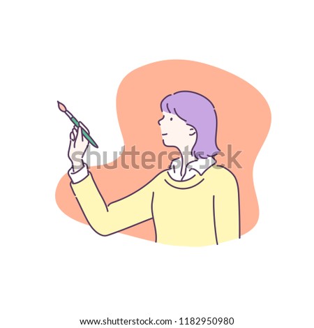 A girl is painting with a brush. hand drawn style vector design illustrations.