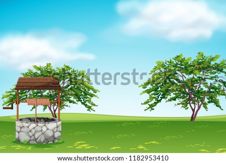 A well in the green landscape illustration