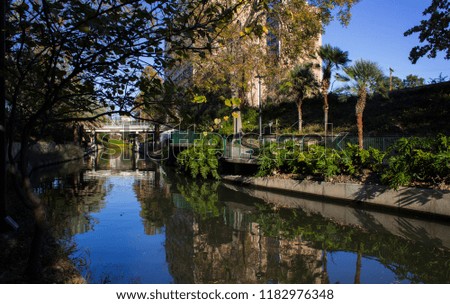Sunny afternoon on River Walk, San Antonio, Texas; where you can see part of the river, trees and plants on the riverbank, a pedestrian bridge, and in the background a building.