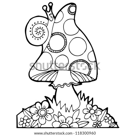Vector cute illustration with mushroom, clouds, flowers and cochlear