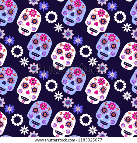 Mexican seamless pattern,sugar skulls and colorful flowers. Template  for mexican celebration, traditional mexico skeleton decoration. Dia de Los Muertos, Day of the Dead .Vector illustration.