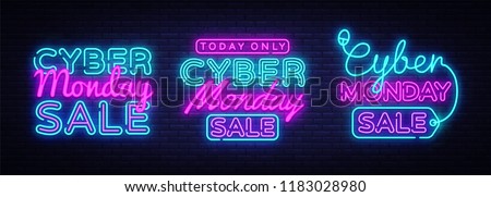 Big collectin neon signs for Cyber Monday. Neon Banner Vector. Cyber Monday neon sign, design template, modern trend design, night light signboard, night bright advertising. Vector illustration Royalty-Free Stock Photo #1183028980
