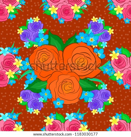 Rose seamless pattern background in blue, orange and pink colors, retro botanical style. Stylish flowers print. Seamless tropical flower.