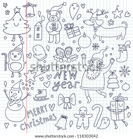 Cartoon vector Christmas set. Cute New Year symbols