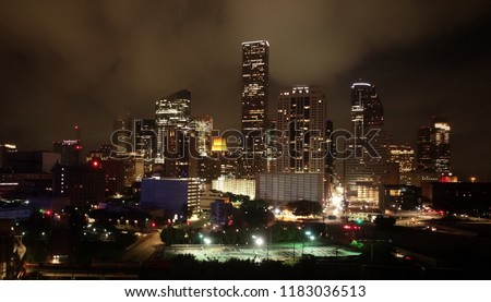 Downtown Houston Night time city skyline 