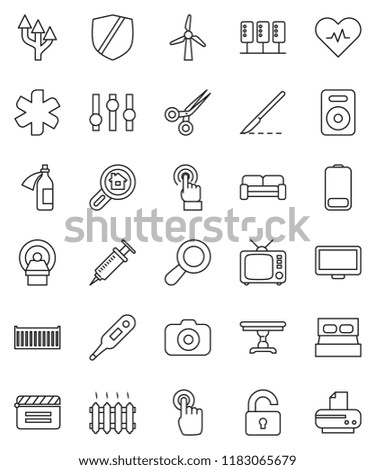 thin line vector icon set - sea container vector, protected, cinema clap, camera, tv, settings, touchscreen, monitor, speaker, battery, ambulance star, heart pulse, thermometer, syringe, scissors