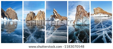Lake Baikal in winter. Collage of main natural landmarks of Olkhon Island and the Small Sea cliffs: Deva (Khoboy), Shamanka (Burhan), Dragon (Ogoy), Three Brothers (Sagan-Khushun) and  Kobylia Golova 