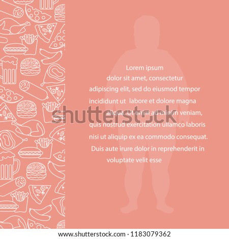 Fat man with unhealthy lifestyle symbols. Harmful eating habits. Design for banner and print.