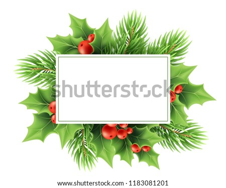 Christmas greeting card vector template. Realistic holly tree branch, red berries, fir twig and text frame. Xmas holly decoration. Christmas plants. Postcard, poster, banner design