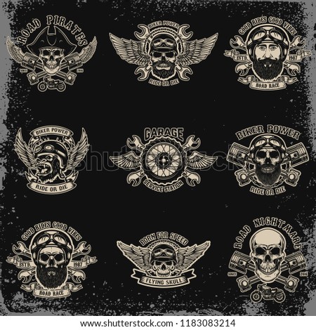 Set of biker emblems. Racer skull with crossed pistons. Extreme motorsport. Design elements for logo, label, emblem, sign. Vector illustration