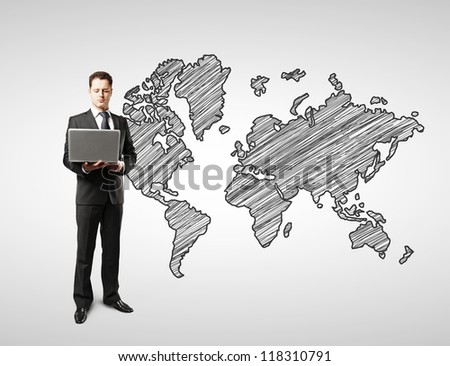 man with laptop and world map