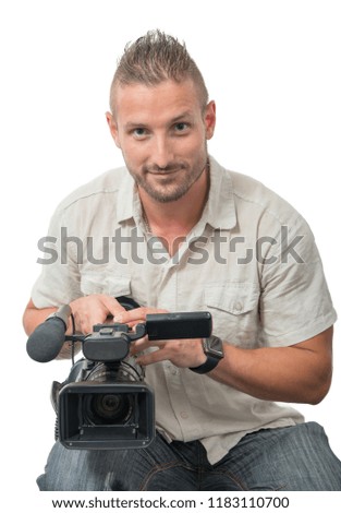 cameraman with professional camcorder  isolated on white background