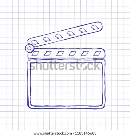 Film clap board cinema open icon. Hand drawn picture on paper sheet. Blue ink, outline sketch style. Doodle on checkered background