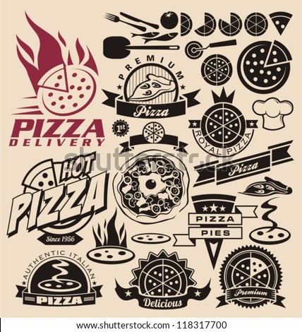 Pizza icons, labels, signs, symbols and design elements