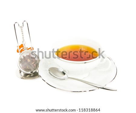 A cup of black tea with tea keeper on white background