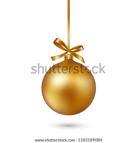 Gold Christmas bauble with ribbon and bow on white background. Vector illustration. Christmas decoration Royalty-Free Stock Photo #1183189084
