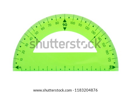 transparent plastic green protractor for school, isolated on white background