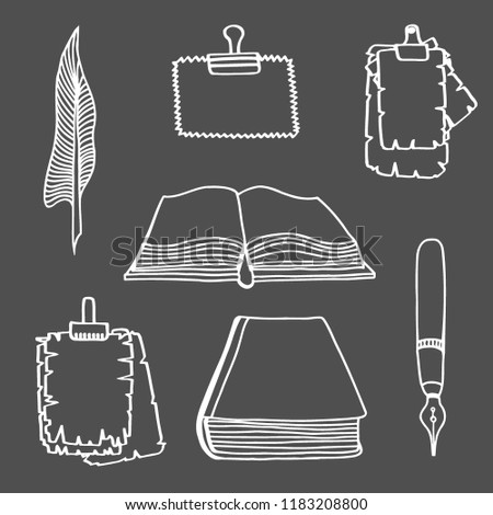 Hand Drawn Illustrations of Big Set Books and pen. Doodle vector illustration isolated on black