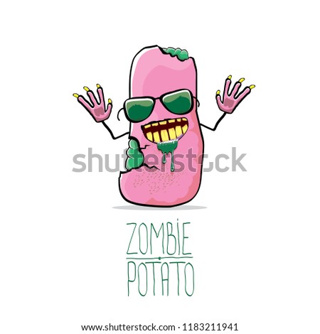 vector funny cartoon cute pink zombie potato character isolated on white background. My name is zombie potato vector concept halloween background. monster vegetable funky character