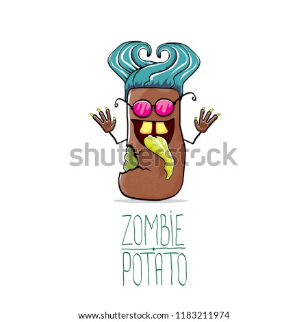 vector funny cartoon brown zombie hipster potato character with hair isolated on white background. My name is zombie potato vector concept halloween background. monster vegetable funky character