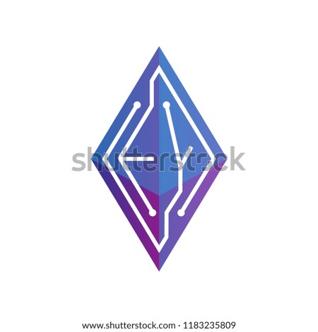 E Y Initial letter block chain logo icon vector template. Looping mono line circuit letter on rhombus cube logo